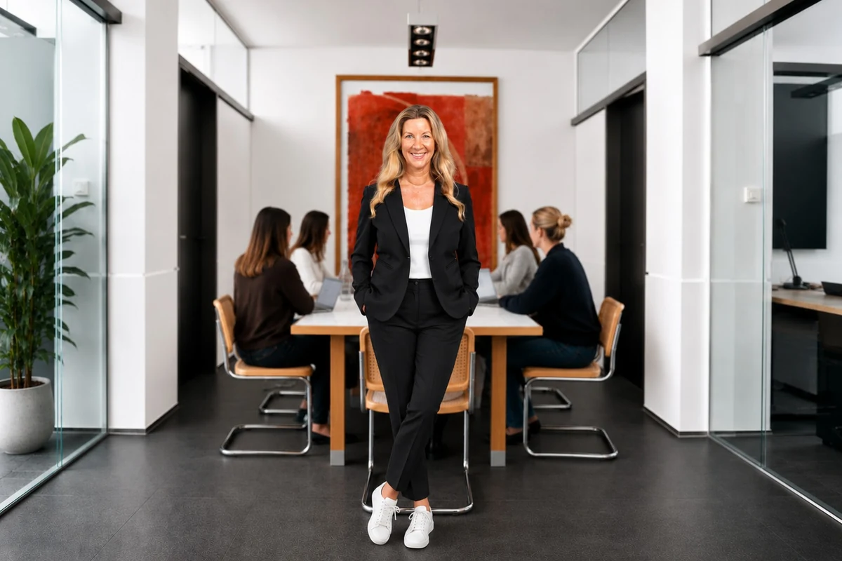 Nicole Kernbach im Büro der BAUSTOFFDAMEN im Kölner Rheinauhafen, im Hintergrund das Team am Besprechungstisch