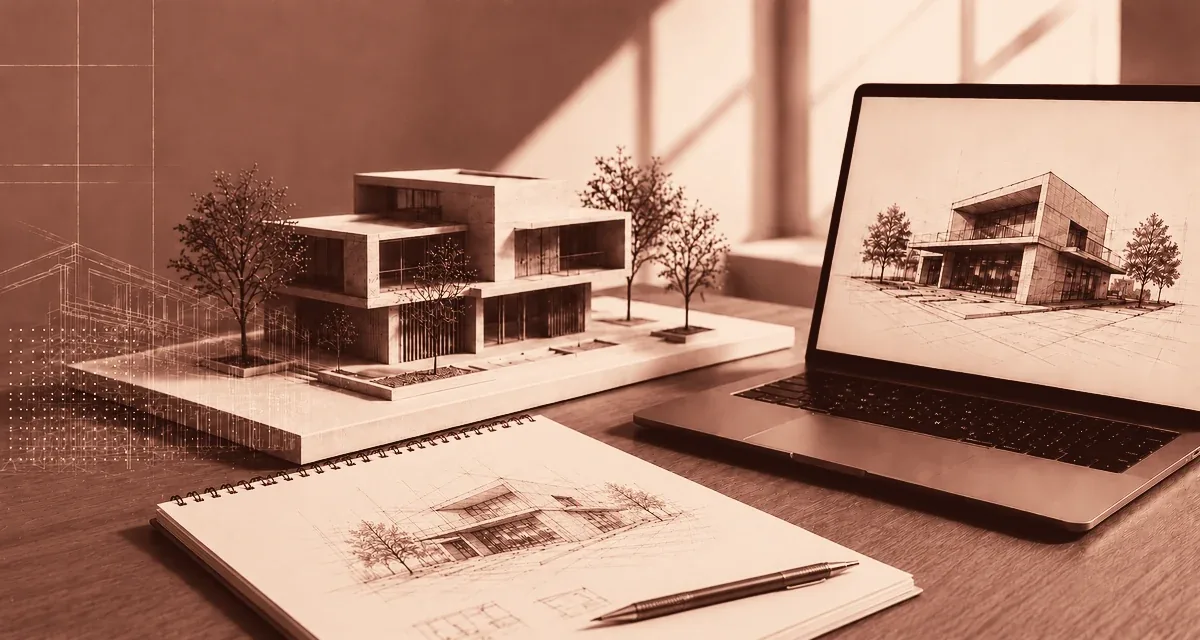Architekturmodell eines modernen Wohnhauses neben Laptop mit Bauzeichnung und Skizzenblock