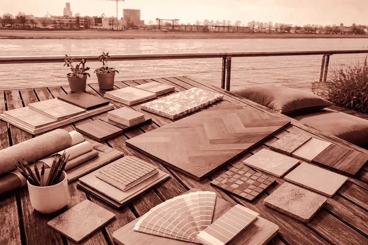Materialproben für den Innenausbau – Parkett, Fliesen und Farbfächer – auf einem Holzdeck am Rheinufer
