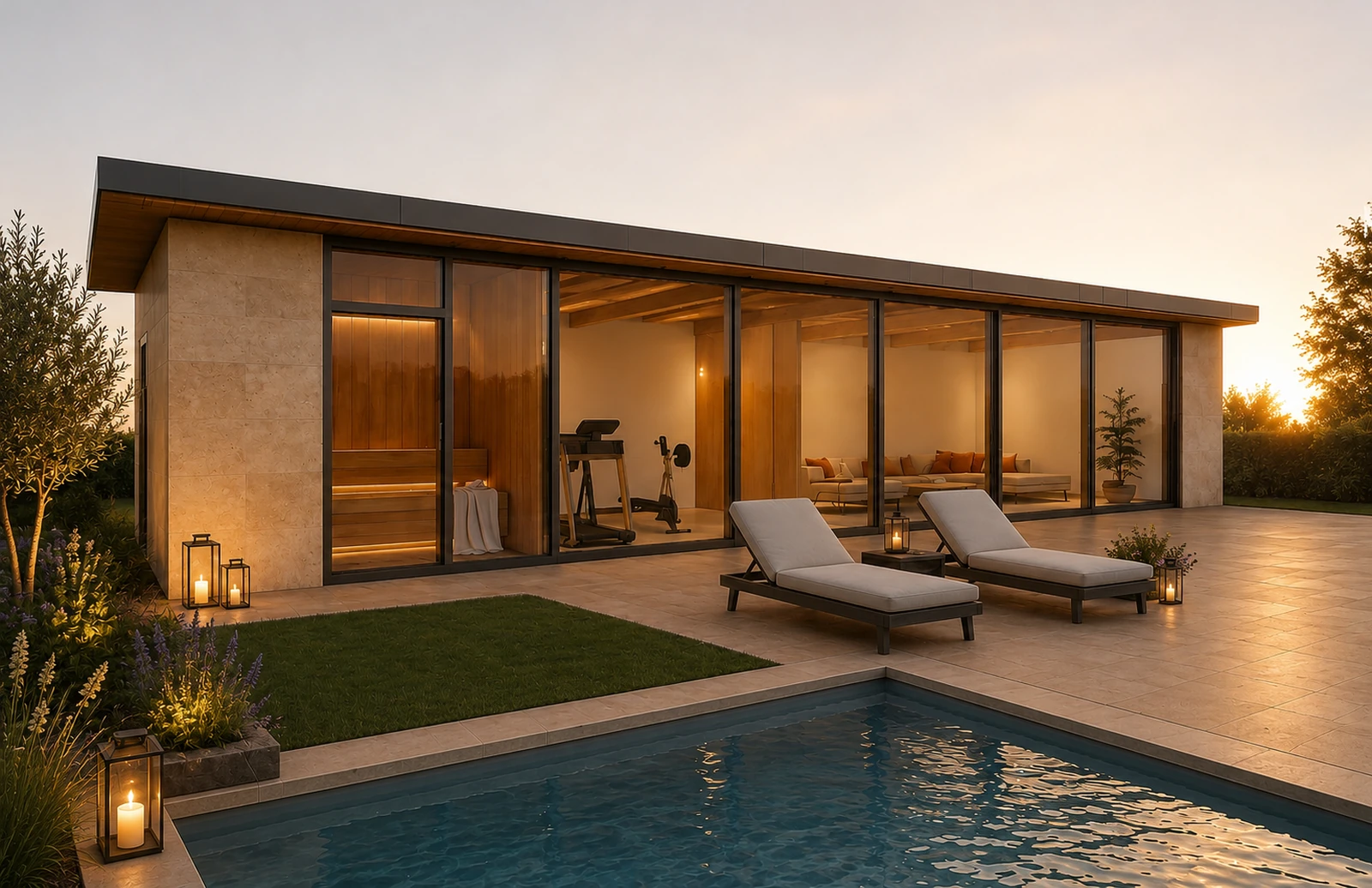 Fotorealistische Visualisierung eines Poolhauses mit Sauna in der Abendsonne